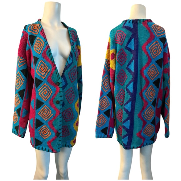Vintage 80’s L'EAU VIVE Funky Multi-pattern Geometric Knit Long Cardigan sz L - Picture 2 of 7